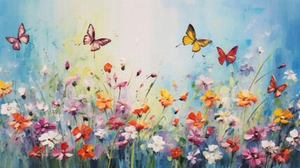 Obraz na płótnie Canvas Acryl drawing of small colorful flowers and butterflies