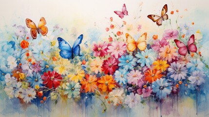 Acryl drawing of small colorful flowers and butterflies