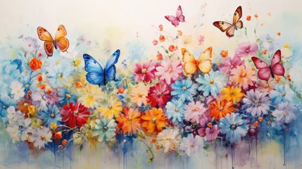 Fotobehang Acryl drawing of small colorful flowers and butterflies © Veniamin Kraskov
