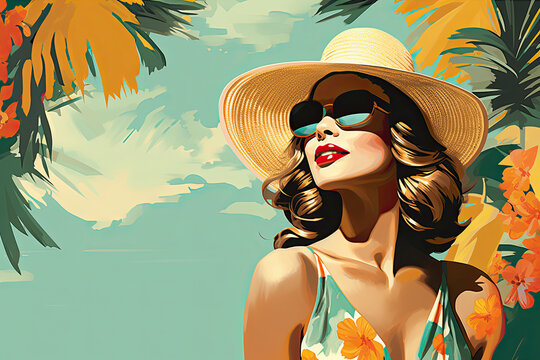 Carton style retro image of a lady in a tropical climate during hot summer.