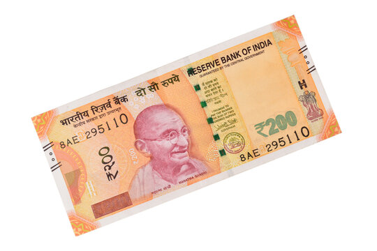 Top view of 200 indian rupee note on white background