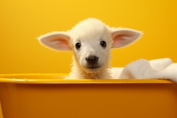 Adorable white lamb in tub, with yellow backdrop. Generative AI