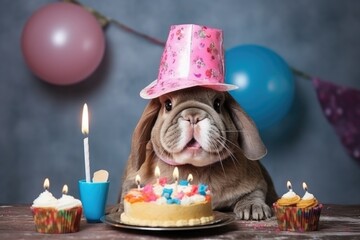 Naklejka premium portrait of bunny with a birthday cake.