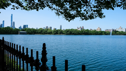 Cityscape of New York City from the Jacqueline Kennedy Onassis Reservoir, also known as Central...