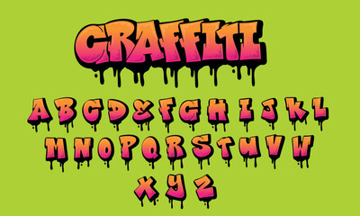 Dripping graffiti, alphabet, decorative lettering, vandal, street art, free wild style. Vector illustration of underground hip hop.