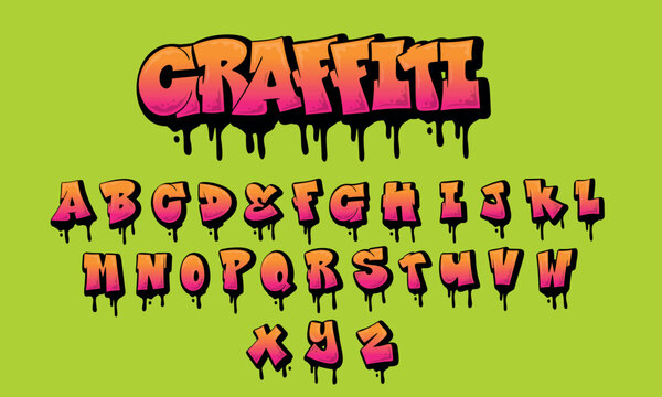 Dripping graffiti, alphabet, decorative lettering, vandal, street art, free wild style. Vector illustration of underground hip hop.