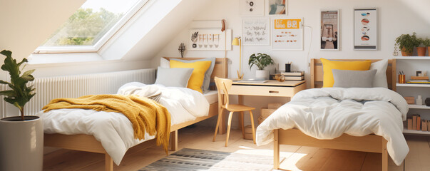 Cosy teenager room with two beds and a desk for two twin brothers.