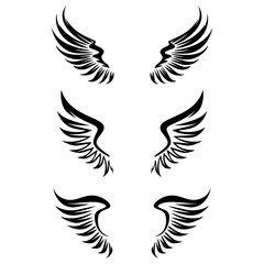 Set of hand drawn bird or angel wings of various shapes in open position.vector illustration