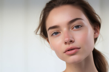 Fototapeta premium Close-up portrait of beautiful young woman with clean fresh skin, natural make-up. Studio shot.