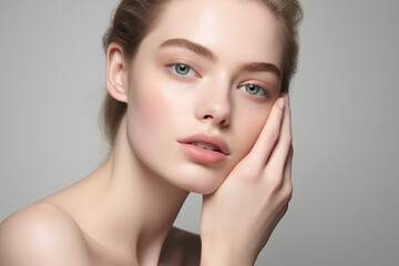 Fototapeta premium Close-up portrait of beautiful young woman with clean fresh skin, natural make-up. Studio shot.