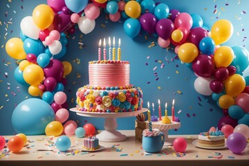 birthday cake with candles and balloons, balloons from a birthday celebration, a colorful balloon backdrop, and a birthday cake with candles