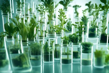 Many green plants in test tubes.