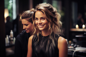 Hairdresser combing a woman's hair in a modern beauty center. Health and wellness concept. Generative AI