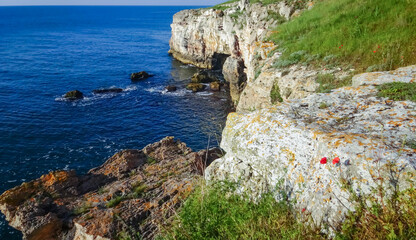 Fototapeta na wymiar High inaccessible coastal cliffs made of shell rock near the village of Tyulenovo, southern Bulgaria