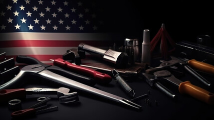 Construction and manufacturing tools with American flag on dark black background. Generative Ai