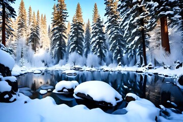This is the Lake Tahoe area after a winter snow storm. There is snow covering the trees surrounding a stream. The winter trees are reflected in the stream