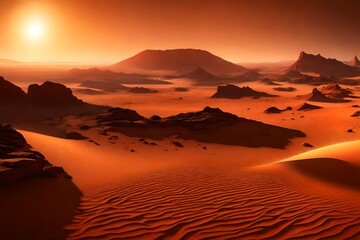 Fototapeta na wymiar the surface of Mars, red sands, towering Olympus Mons in the distance, sunset casting long shadows, dust storm on the horizon