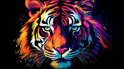 Tiger. Abstract, multicolored, neon portrait of a tiger looking forward, in the style of pop art on...