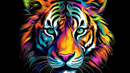 Tiger. Abstract, multicolored, neon portrait of a tiger looking forward, in the style of pop art on...