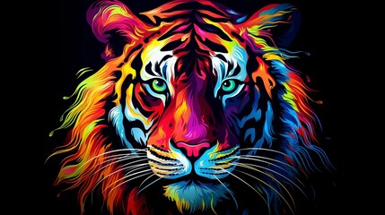 Tiger. Abstract, multicolored, neon portrait of a tiger looking forward, in the style of pop art on a black background.