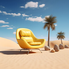 A beautiful yellow armchair in the desert. Unusual minimal concept. Background of palm trees, blue sky, white clouds