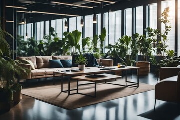 A calming photo of an open space office, showing a relaxation zone complete with cozy sofas and indoor plants.-