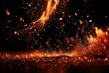 Fototapeta na wymiar Fire embers particles over black background. Fire sparks background. Abstract dark glitter fire particles lights,