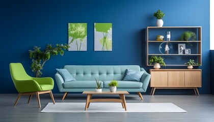 Modern living room interior, long sofa with armchair and coffee table against dark blue wall with tow art posters. AI generative.