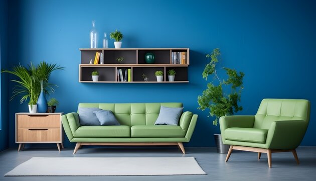 Green sofa and armchair with plant and décor on dark blue wall, modern home interior design, AI generative.