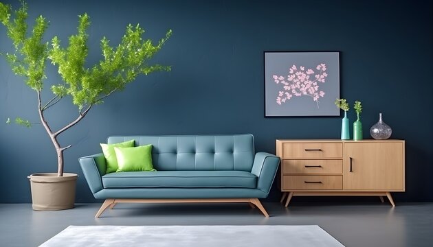 Long sofa with wooden cabinet and plant against blue wall, modern interior home design, AI generative.