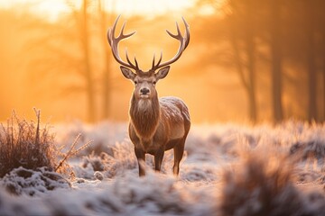 Beautiful red deer stag in winter landscape with hoarfrost, Fallow deer stag during rutting season at sunrise in winter, AI Generated