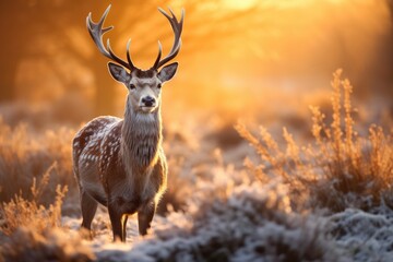 Fallow deer lat. Dama Dama in winter sunrise, Fallow deer stag during rutting season at sunrise in winter, AI Generated