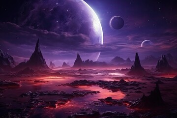 Fantasy alien planet. Mountain and lake. 3D illustration, Fantasy alien planet. Fantasy world. Digital painting. 3D illustration, AI Generated