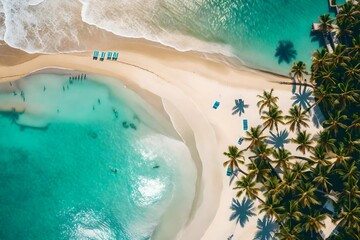 Fototapeta na wymiar Beach with palm trees on the shore in the style of birds-eye-view. Turquoise and white plane view on beach aerial photography 