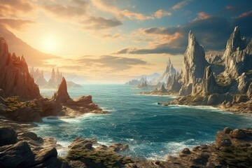 Fantasy alien planet. Mountain and sea. 3D illustration, Fantasy Landscape with Mountain and the sea. 3D rendering, AI Generated - obrazy, fototapety, plakaty