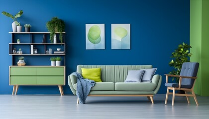 Light green sofa with 2 art posters and wooden closet against dark blue wall, AI generative.