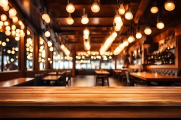 Image of wooden table in front of abstract blurred restaurant lights background. - obrazy, fototapety, plakaty