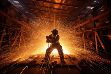 Industrial welder working in a metallurgical plant, sparks fly, Enter the captivating world of welding flames photography, AI Generated - obrazy, fototapety, plakaty