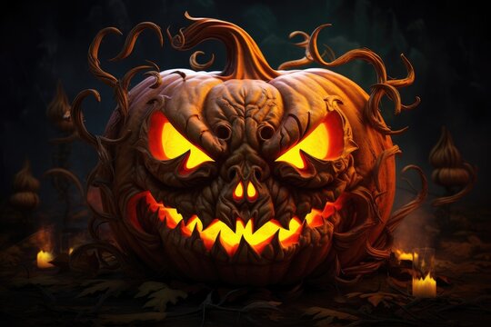 Halloween pumpkin with scary face on dark background, 3d render, Halloween spooky pumpkin, AI Generated