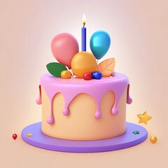 Birthday party cake 3d realistic with cartoon style