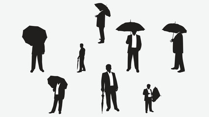 Business men%27s character set in various poses. Flat vector illustrations. Group of business people silhouettes. Men in suits