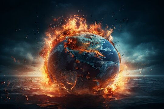 An image depicting earth engulfed in flames and surrounded by water, symbolizing global warming. Generative AI