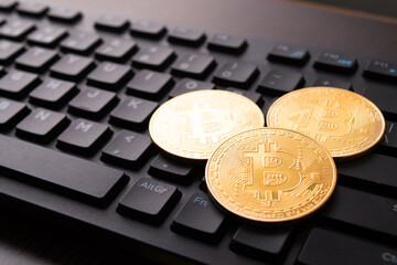 Closeup of bitcoin on keyboard