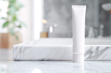 Blank white toothpaste tube in a clean marble bathroom. Beauty product.