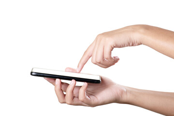 Phone in hand touching with finger on white background