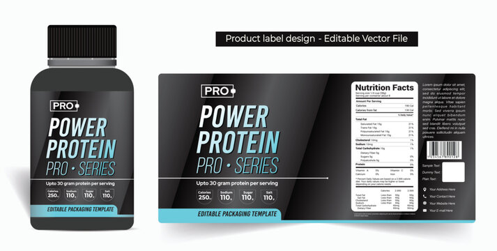Protein powder label design, protein shake jar packaging design, healthy supplement whey protein gym product label design sports nutrition power pills capsule label premium quality editable file