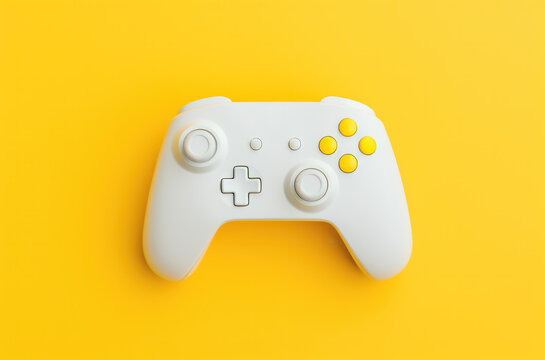 Flat lay shot of a white gamepad controller on bright yellow background. Top view.