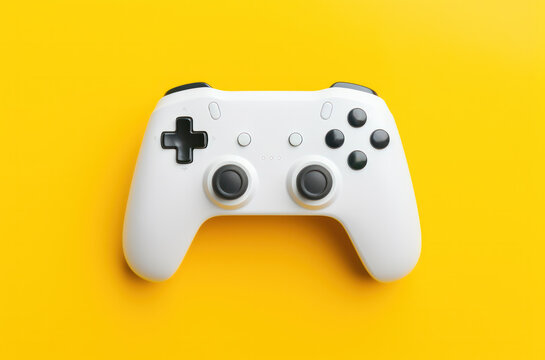 Flat lay shot of a white gamepad controller on bright yellow background. Top view.