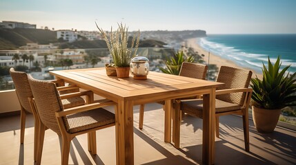 Table and chairs in various places, the sea, the top of the building, terrace, apartment created with generative AI technology