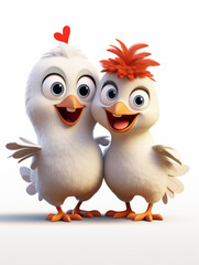 Naklejka premium Two 3D Cartoon Chickens in Love on a Solid Background